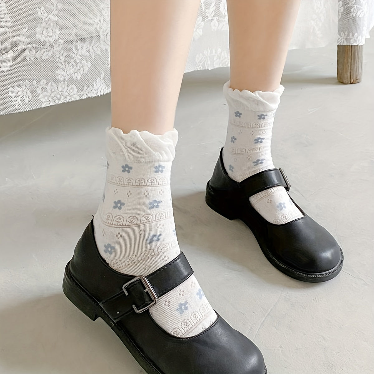 Girls Kids Floral Lace Ruffled Socks Breathable Crew Socks