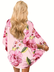 Floral Print Cover Up Shirt V Neck Loose Fit Blouse Women's Swimwear