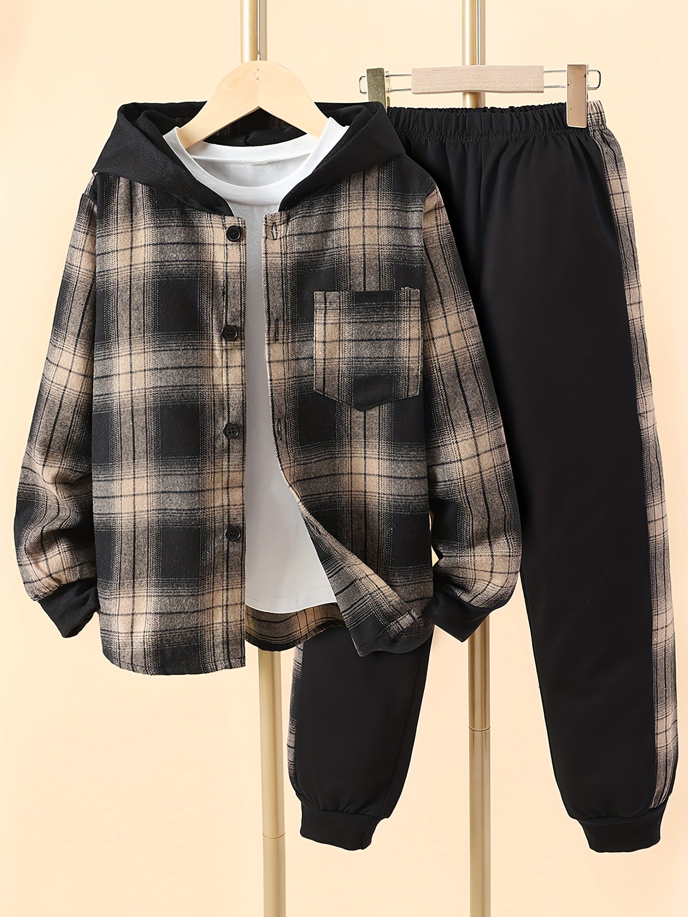 Boys 2pcs Hooded Shirt Top & Sweatpants Plaid Print Kids Clothes
