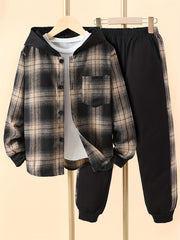 Boys 2pcs Hooded Shirt Top & Sweatpants Plaid Print Kids Clothes