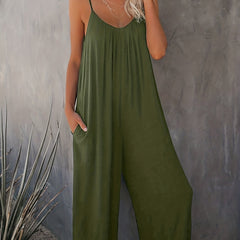 Solid Spaghetti Wide Leg Jumpsuit Casual Backless Sleeveless Jumpsuit
