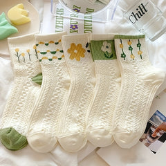 5 Pairs Floral Print Socks Breathable Women's Stockings & Hosiery
