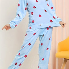 Leaves Print Pajama Set Long Sleeve Crew Neck Top & Elastic Waistband Pants