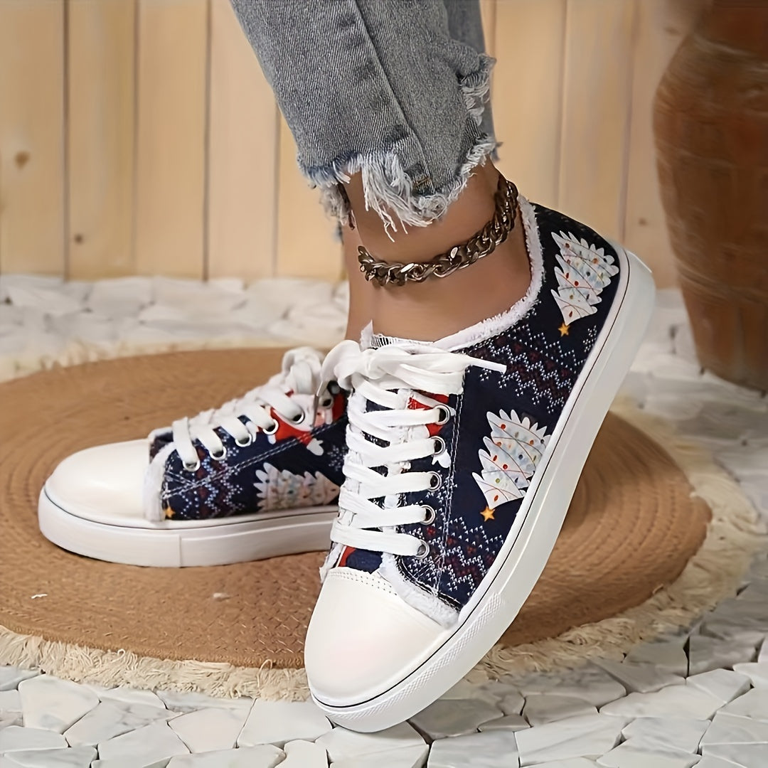Women's Christmas Tree Pattern Flat Shoes with Raw Trim