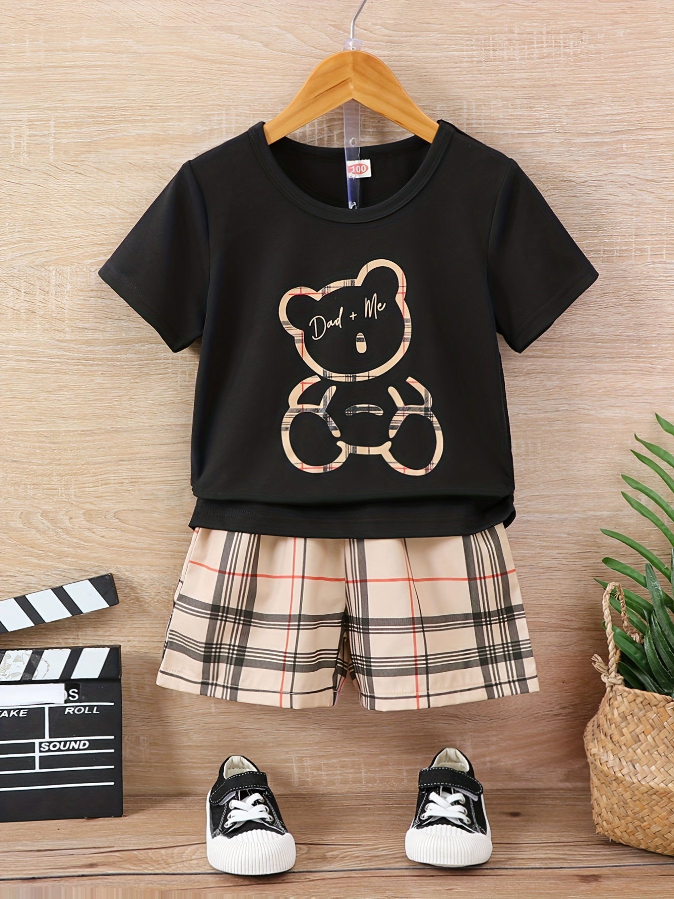 Boys Dad Me Bear Graphic Outfit Short Sleeve Tee & Plaid Sho