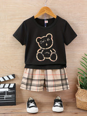 Boys Dad Me Bear Graphic Outfit Short Sleeve Tee & Plaid Sho