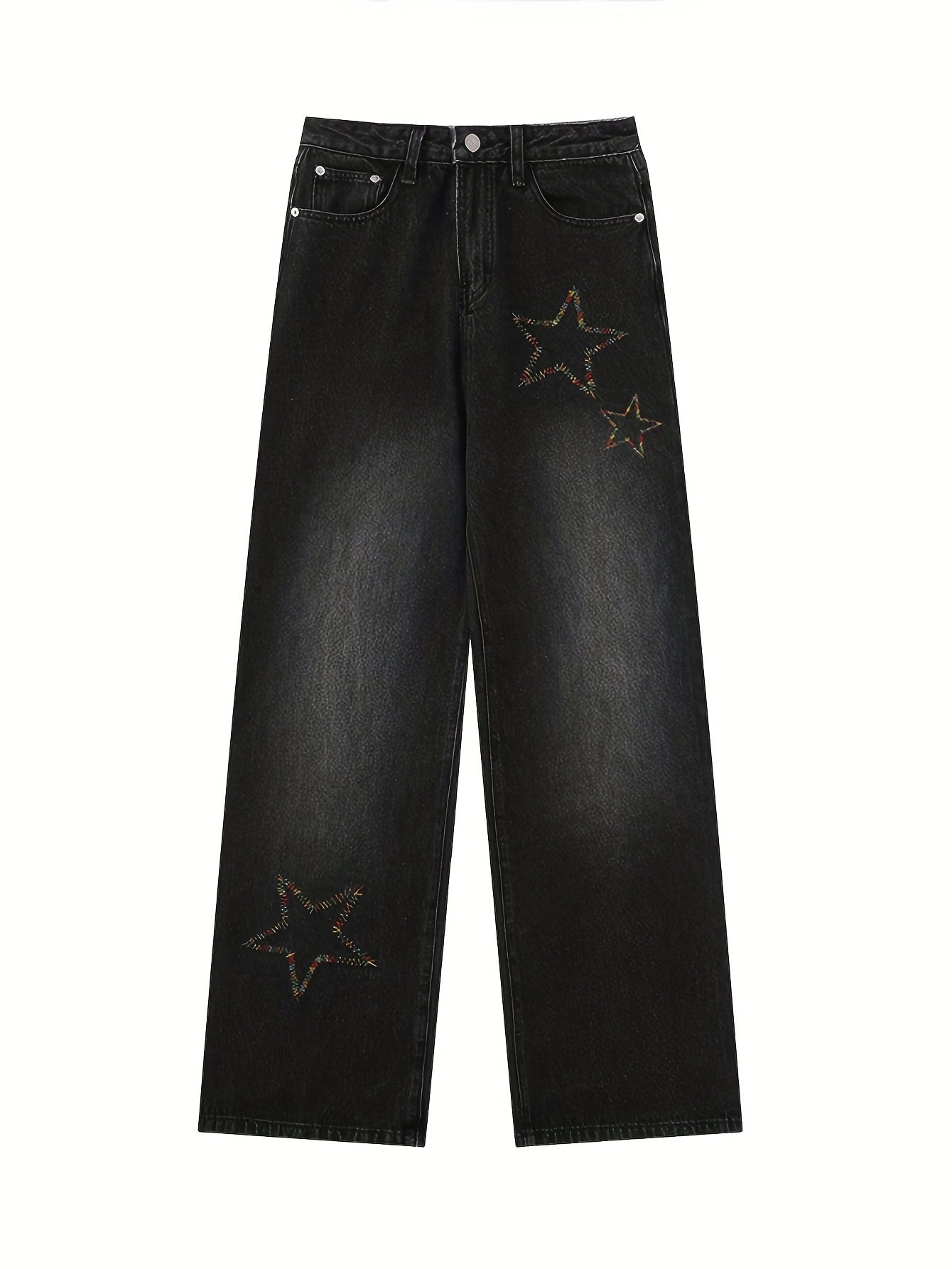 Star Embroidery Straight Jeans Loose Fit High Waist Denim Pants Women's Jeans