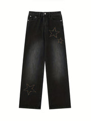 Star Embroidery Straight Jeans Loose Fit High Waist Denim Pants Women's Jeans