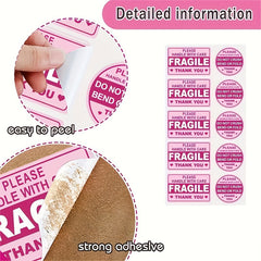 100pcs Pink Reminder Label Stickers - Fragile Caution High