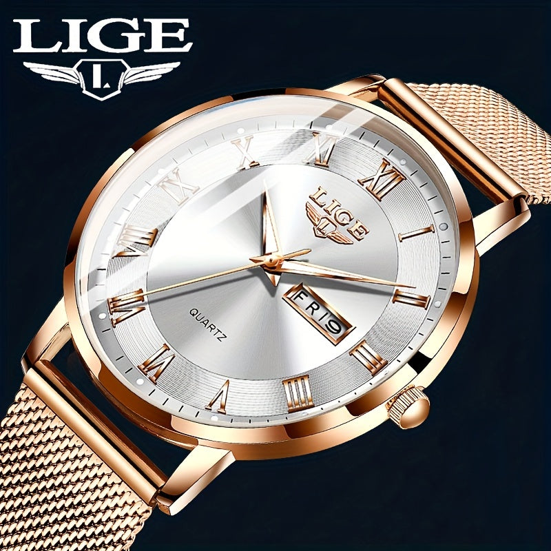 LIGE Rose Gold Ladies Watch Stainless Steel Mesh Bracelet Waterproof Quartz