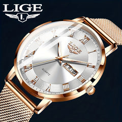 LIGE Rose Gold Ladies Watch Stainless Steel Mesh Bracelet Waterproof Quartz