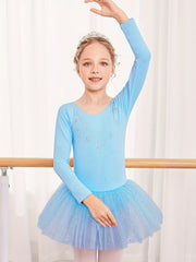 Girls Sequin Long Sleeve Ballet Tutu Leotard for Dance Performance