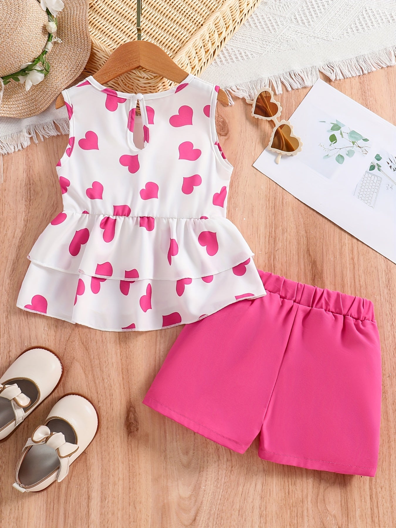 Girls Heart Graphic Peplum Top & Shorts Set for Summer Holiday
