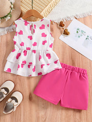 Girls Heart Graphic Peplum Top & Shorts Set for Summer Holiday