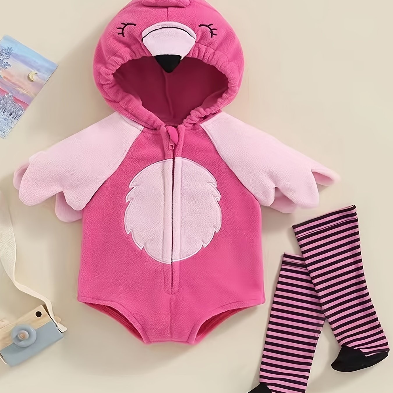 Flamingo Shape Hooded Jumpsuit & Socks Set