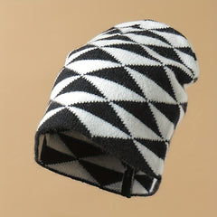 Dark Rhombic Jacquard Beanie Y2K Casual Knit Hat Elastic Skull Hat