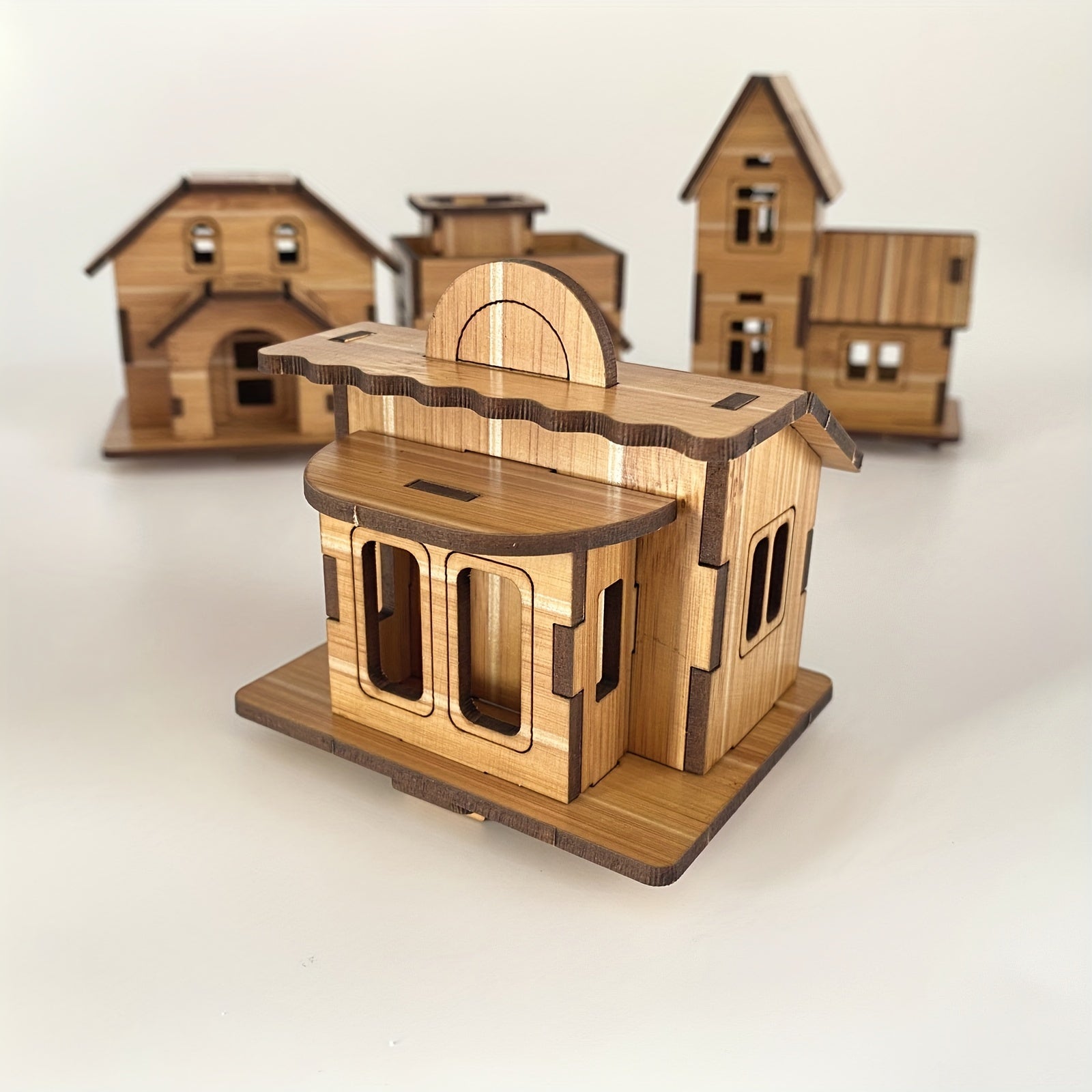 4pcs Mini Wooden 3D Puzzle Kit DIY Building Models Brain Teaser Educational Toy