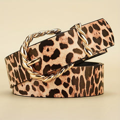 Leopard Print PU Belt Golden Pin Buckle Vintage Waistband for Women