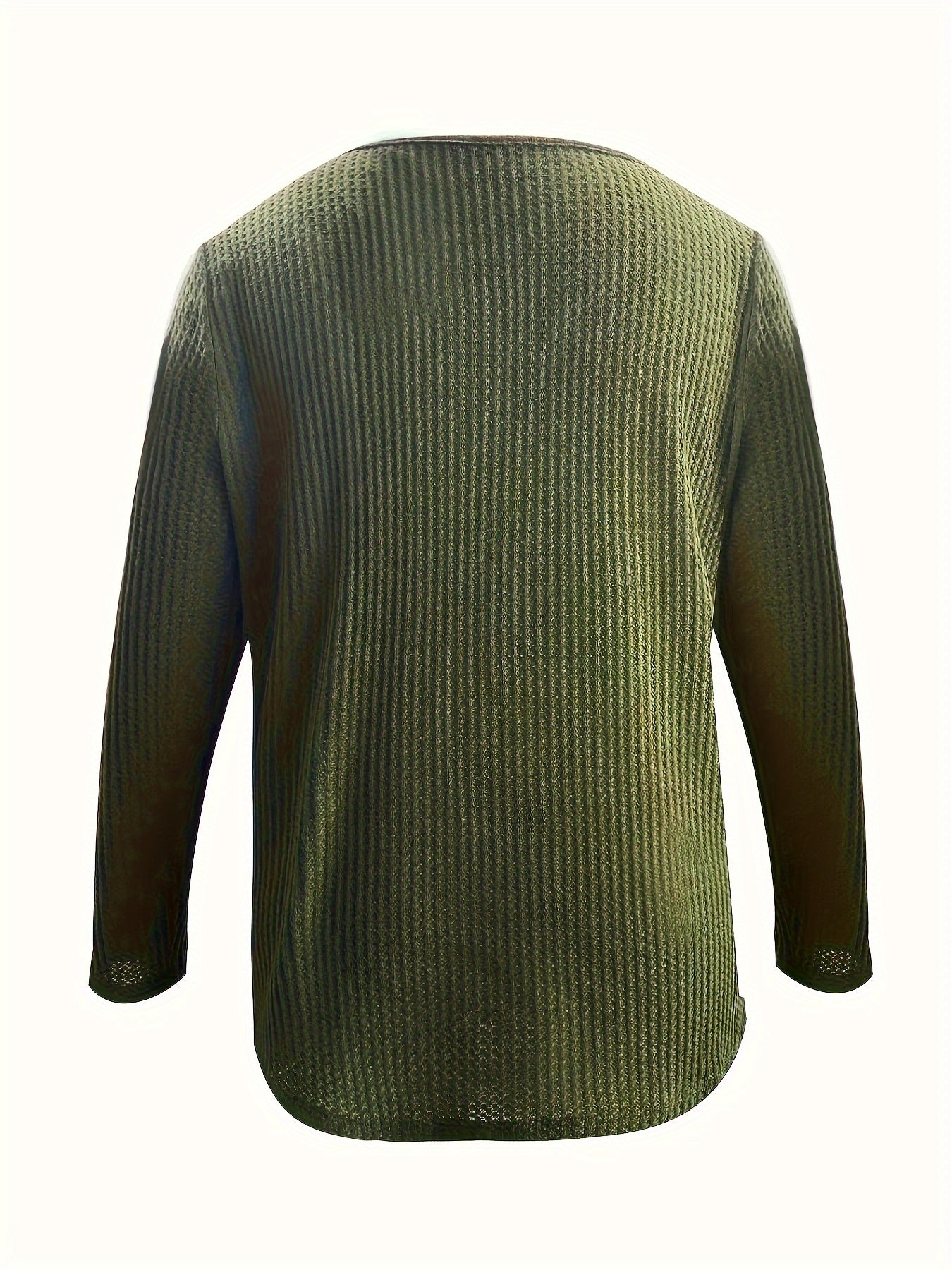 Solid Waffle Knit Top V Neck Long Sleeve