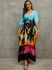 Beach Print Cover Up Dress V Neck Bat Sleeve