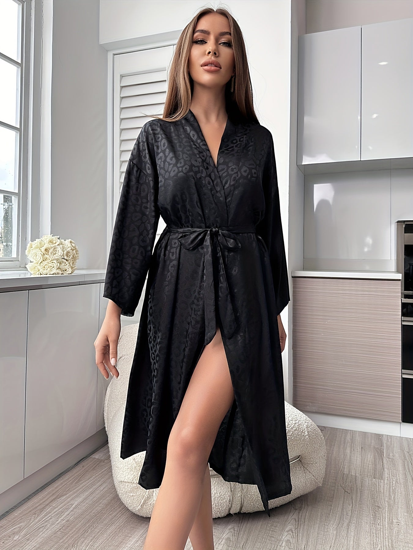 Leopard Satin Robe Belted Long Line Lounge Pajamas Sleepwear