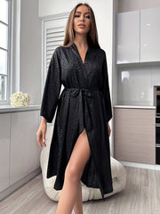 Leopard Satin Robe Belted Long Line Lounge Pajamas Sleepwear