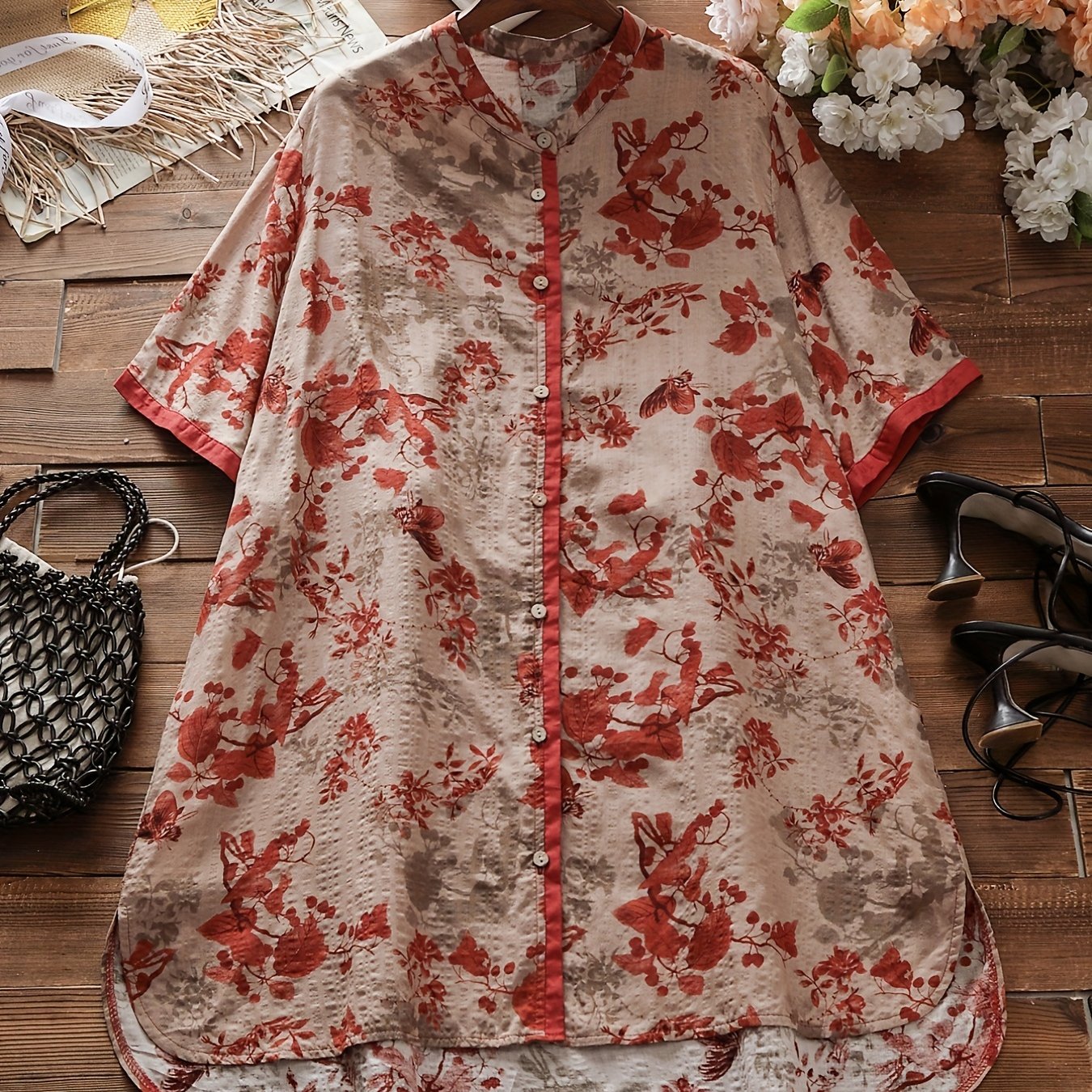 Floral Print Button Up V Neck Blouse
