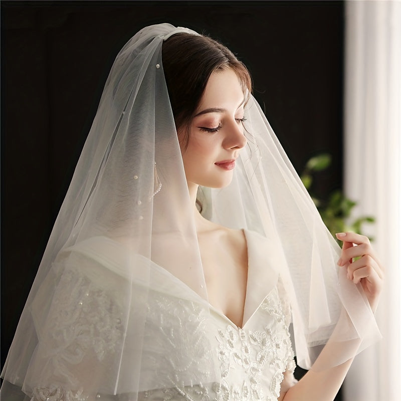 Double Layer Long Head Veil Faux Pearl Mesh Bridal Wedding Hair Accessories