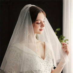 Double Layer Long Head Veil Faux Pearl Mesh Bridal Wedding Hair Accessories