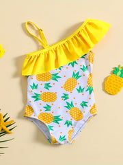 One Shoulder Swimsuit with Pineapple Graphic and Ruffled Trim