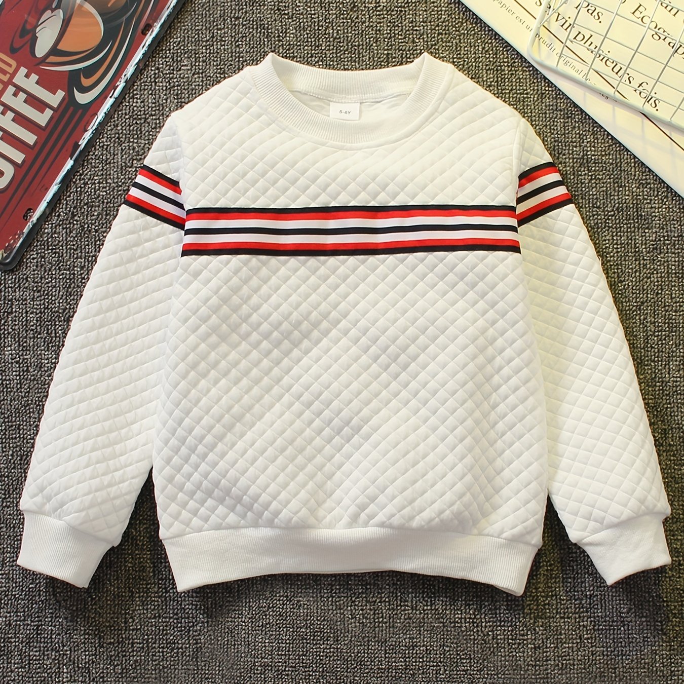 Boys Striped Textured Pullover Sweatshirt Crew Neck Tops
