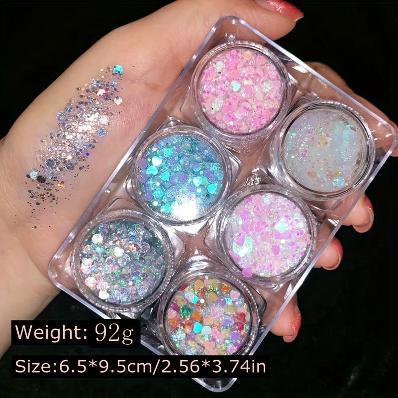 6pcs Glitter Gel Body Face Makeup Holographic Chunky Glitter Eyeshadow