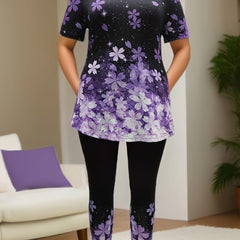 Floral Pattern Plus Size Loungewear Set Top & Leggings Pajamas
