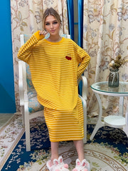 Cherry Print Lounge Dress Striped Home Dress Women's Loungewear