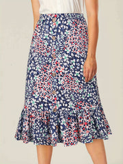 Floral Print High Waist Skirts Ruffle Trim Button Front Bag Hip Skirts