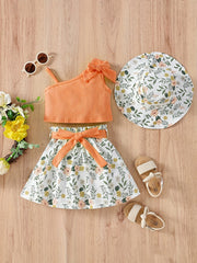 3pcs Toddler Girls Bow Crop Tank Top & Floral Skirt Set for Party