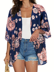 Floral Pattern Shirt Loose Fit V Neck Cover-Up