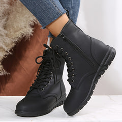 Women's Ankle Flat Boots Lace Up Faux Leather Shoes