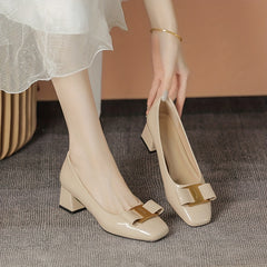 Square Toe Chunky Heels Bowknot Patent Leather Shoes