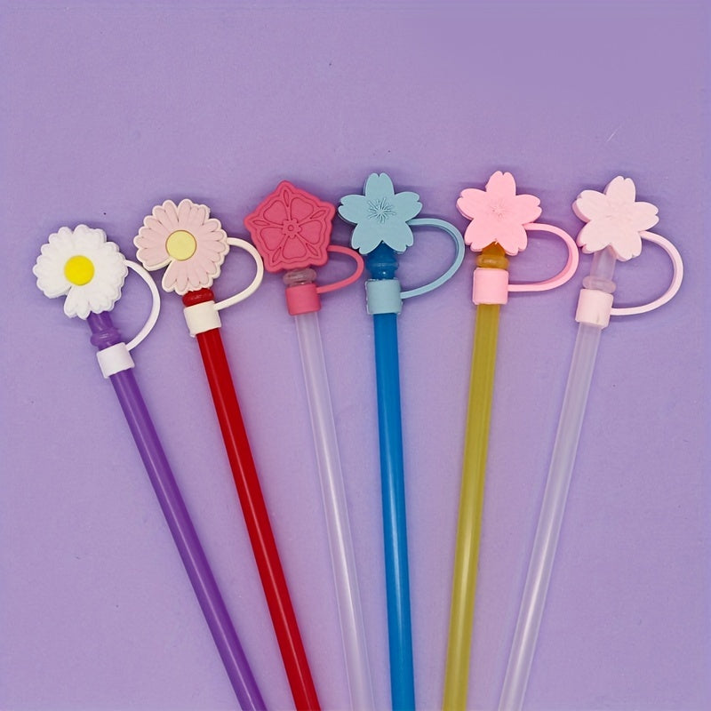 6pcs Reusable Silicone Straw Tips Cover for Party Favor Bags - Flower Design