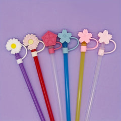 6pcs Reusable Silicone Straw Tips Cover for Party Favor Bags - Flower Design