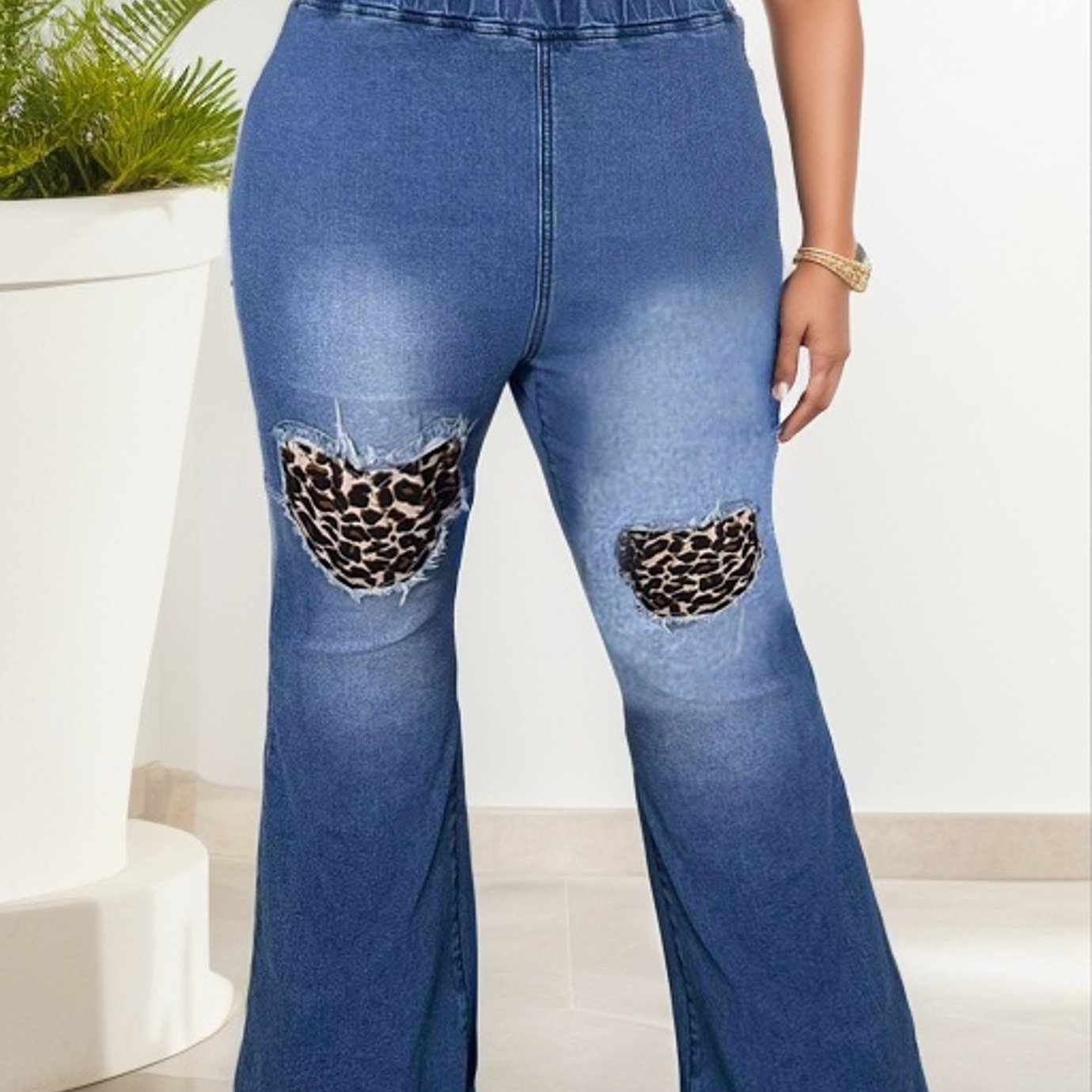 Plus Size Colorblock Leopard Print High Rise Flared Leg Jeans