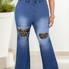 Plus Size Colorblock Leopard Print High Rise Flared Leg Jeans