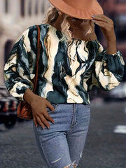 Marble Print Lantern Sleeve Casual Blouse