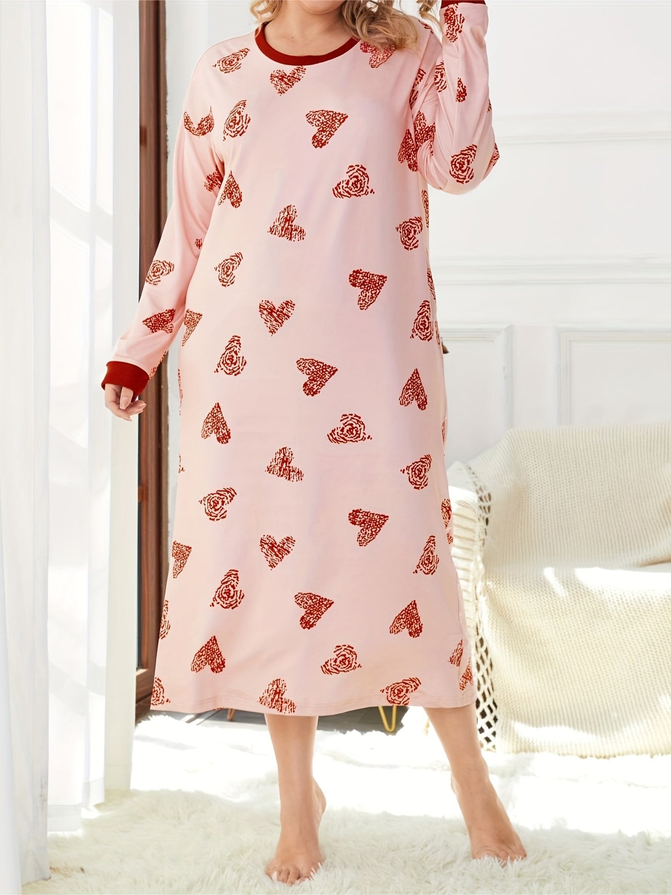 Plus Stripe & Heart Print Long Sleeve Comfort Dress