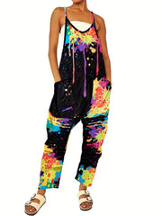 Print Sleeveless Jumpsuit Spaghetti Strap Pocket Front Jumpsuit