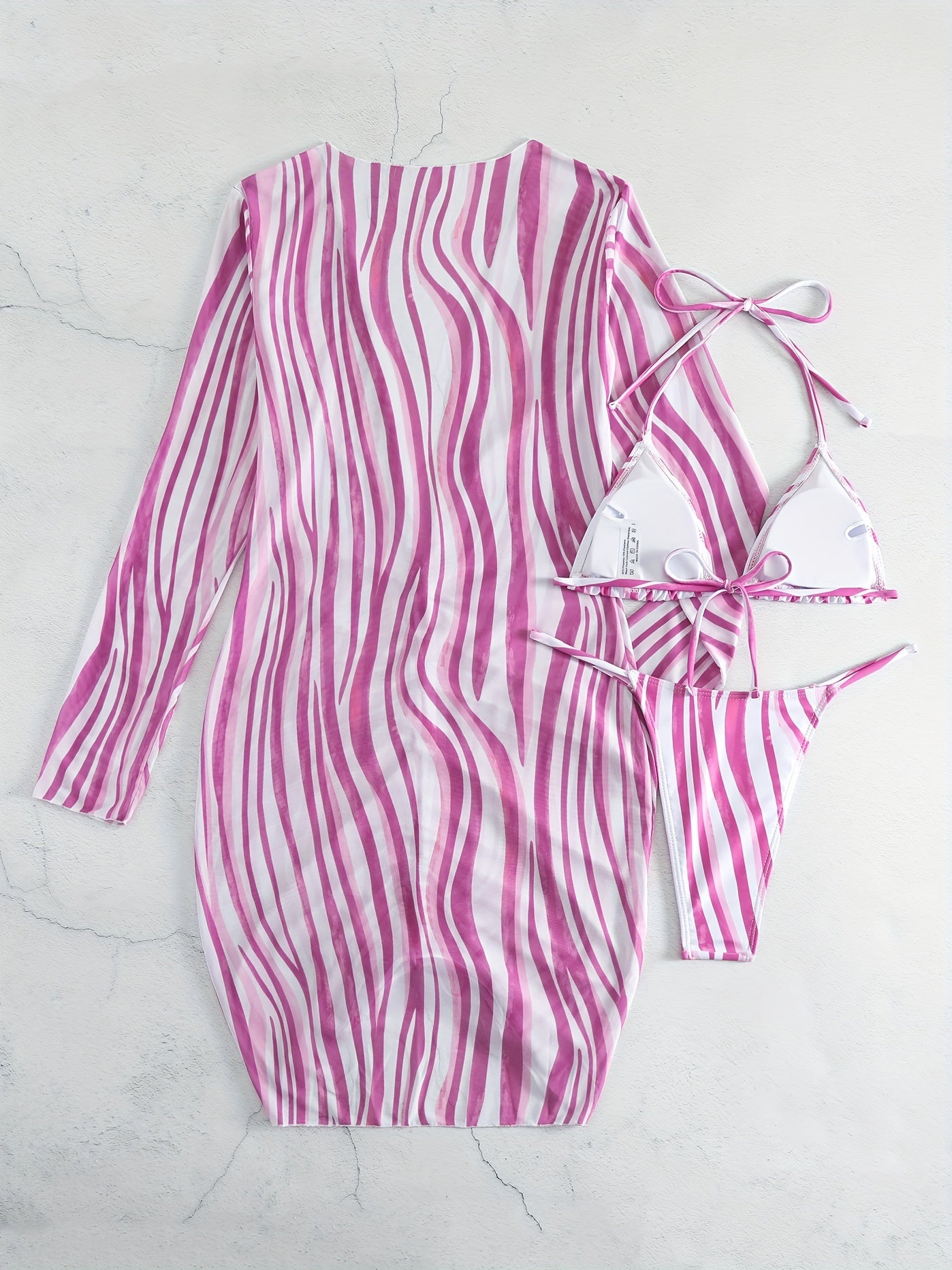 Stripes Print Halter V String 3 Piece Swimsuit