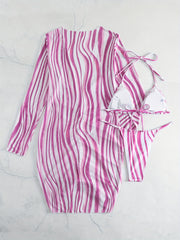 Stripes Print Halter V String 3 Piece Swimsuit
