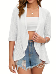 Solid Eyelet Embroidered 3/4 Sleeve Open Front Cardigan