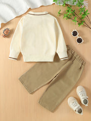 Preppy Style Boy's 2pcs Bear Embroidered Polo Shirt & Pants Set